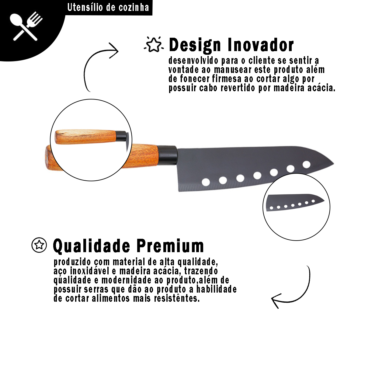 Faca Santoku Para Cortes Finos Carnes Aves Alimentos Inox e Acácia