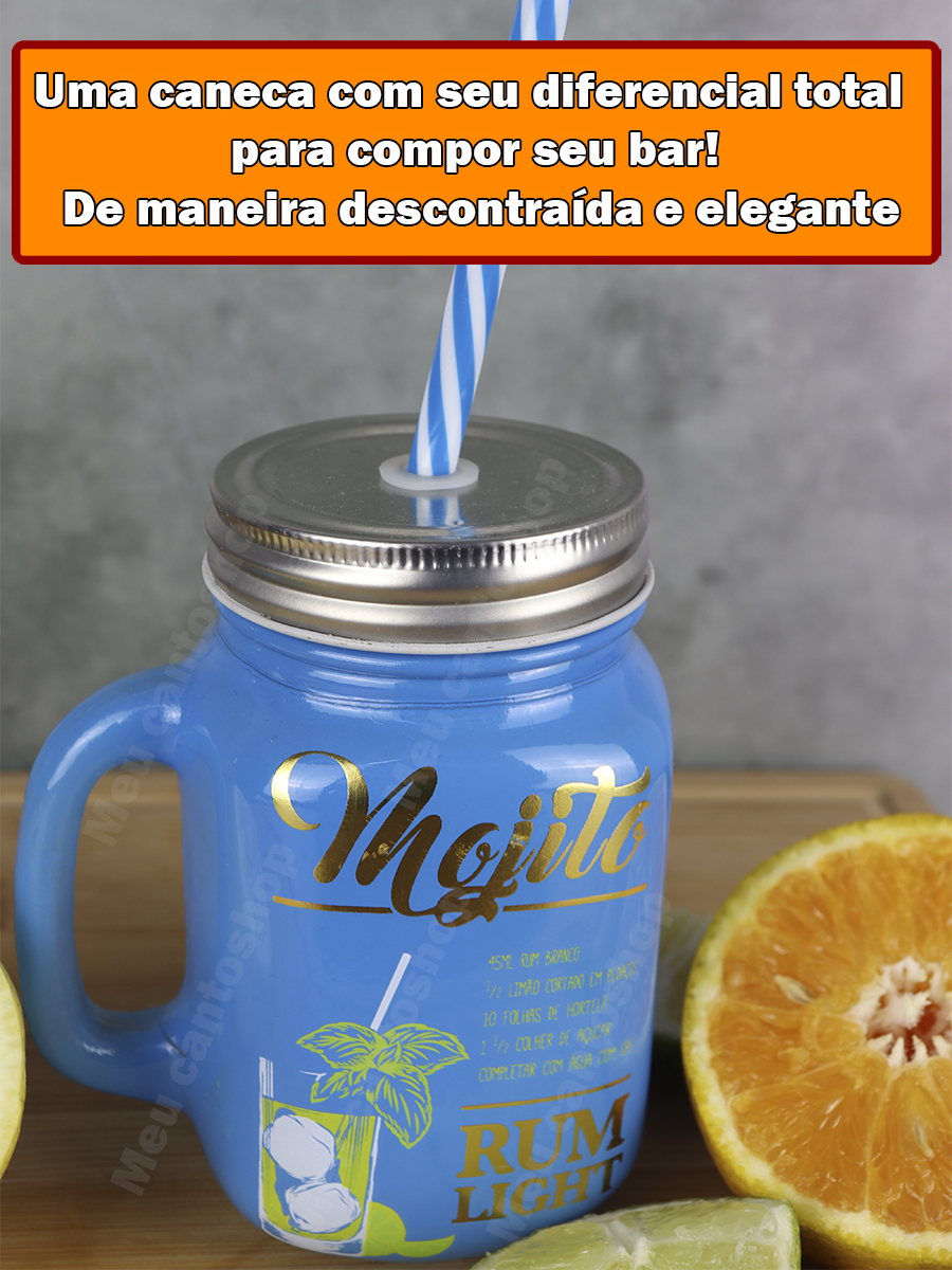 Canecas Jarra Com Canudo Tampa 2un Azul Receita Mojito Drink Copo Vidro  500ml - Meu Canto Shop