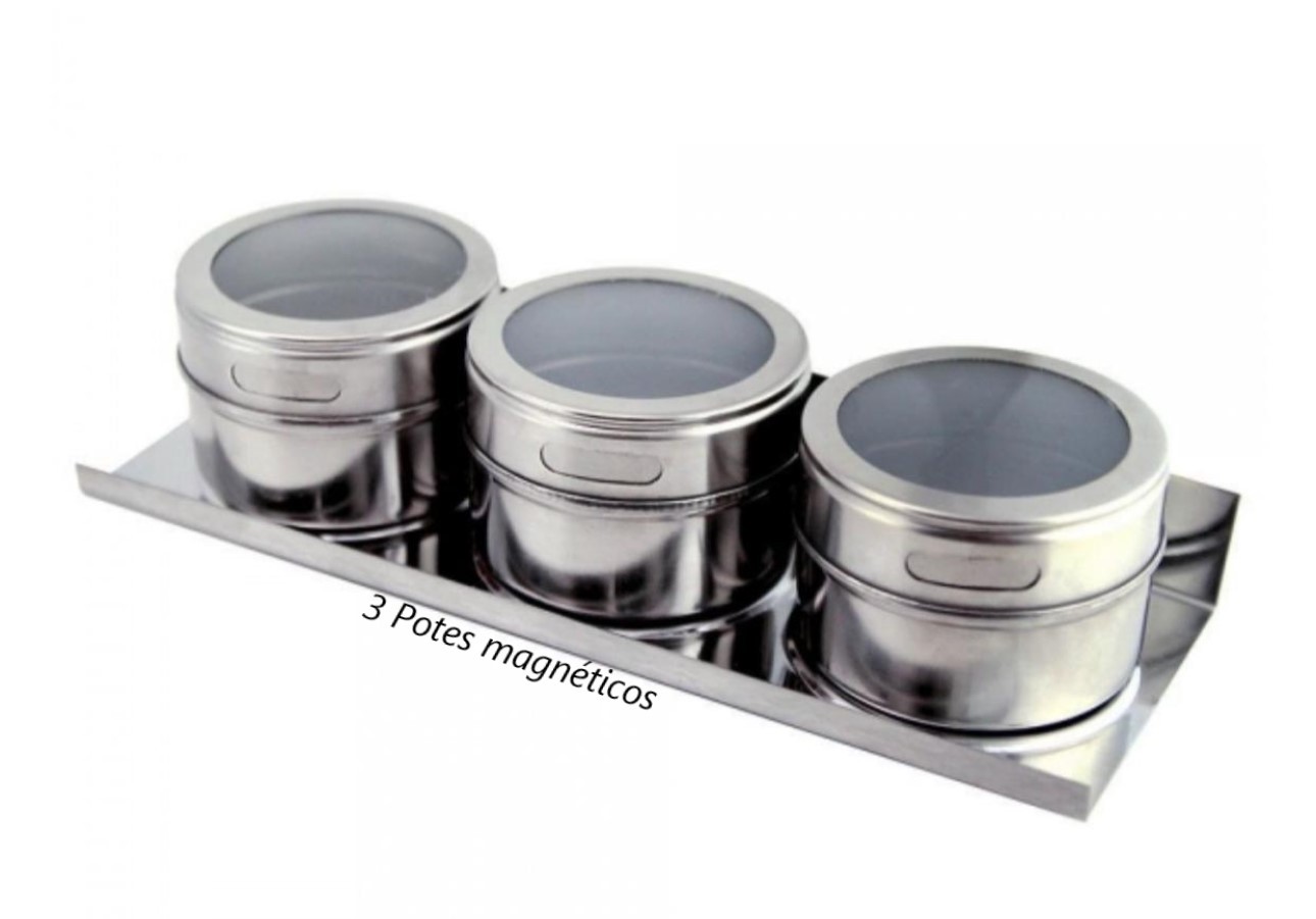 Porta temperos magnéticos cozinha porta condimentos aço inox premium com imã kit Geladeira 3 potes com suporte ck4079