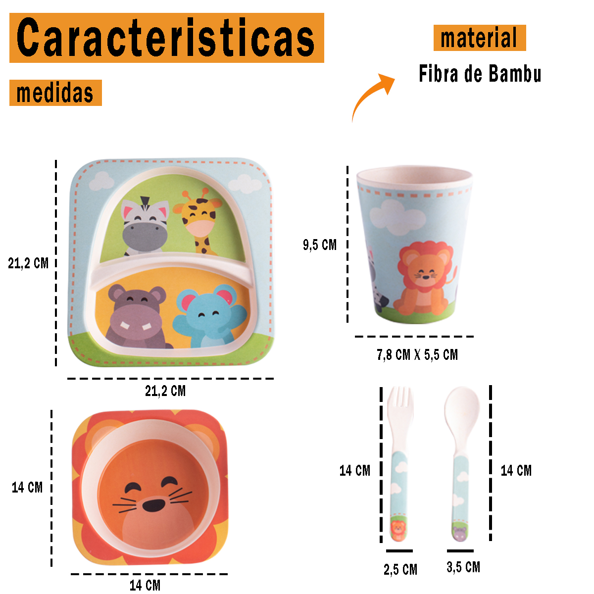 Jogo Para Refeição Infantil Safari Kit Bichinhos Mimo Style