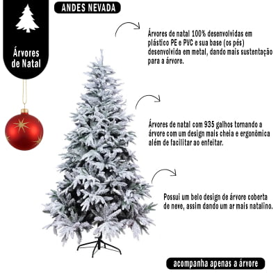 Árvore Pinheiro Média de Natal Verde Nevada Andes Base Pés Metal 935 Galhos Hastes de Plástico e PVC 150CM