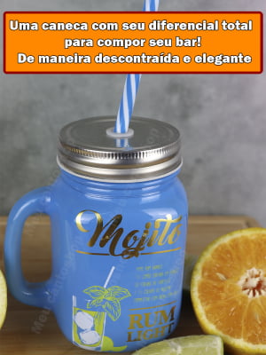 Canecas Jarra Com Canudo Tampa 2un Azul Receita Mojito Drink Copo Vidro 500ml