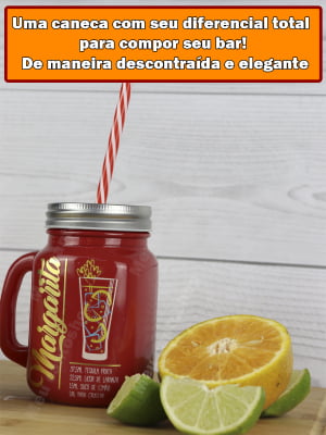 Canecas Jarra Com Canudo Tampa 2un Vermelha Receita Margarita Drink Copo Vidro 500ml 