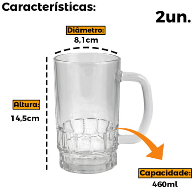 Jogo De 2 Canecas De Vidro Para Chopp E Cerveja Copo De Vidro Drinks 460mL 