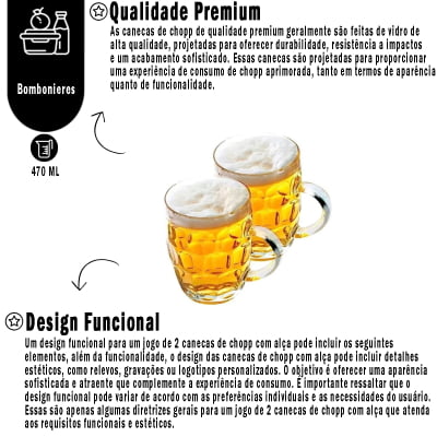 Jogo De Canecas de Chopp Cerveja e Outros Drinks 2 Peças Ideal Para Bares Restaurantes Em Vidro 470ml