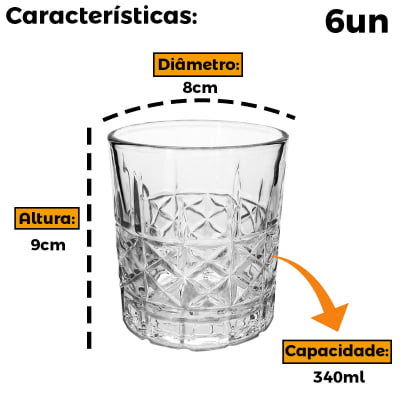 Copos De Whisky Caipirinha 6 Unidades Vidro Luxo Elegante 340mL Copo Para Uisque Bebidas Drinks Sucos