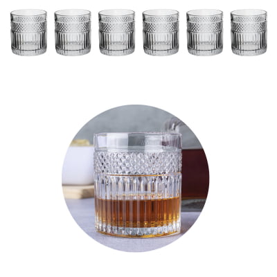 Jogo 6 Copos Baixos De Vidro Cristal Decorado L'hermitage Água Suco Refrigerante Whisky 330ml