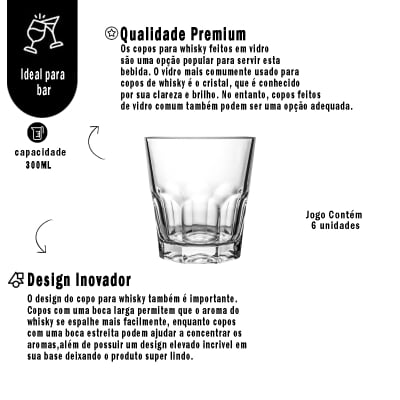 Jogo de Copos Baixos Dover Em Vidro 6 Peças 300ML Para Drinks Whisky Caipirinha Agua Barzinhos Linha Dynasty