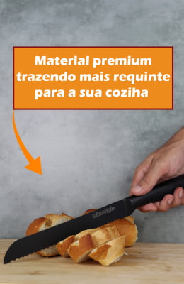 Faca De Cozinha Premium Com Serra Para Pão E Bolo Em Aço Inox E Cabo Preto Churrasco Profissional Serrilhada