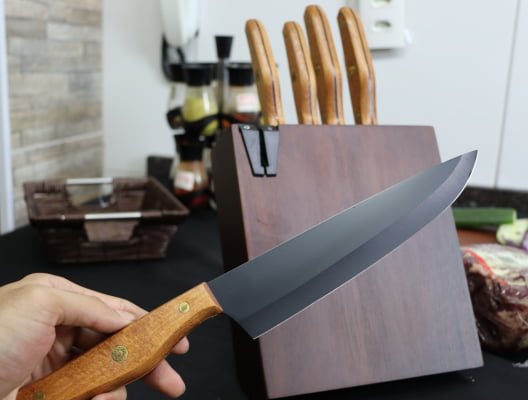Jogo de 5 facas pretas faqueiro em aço inox com suporte cepo em madeira conjunto de facas profissional fullfit25574