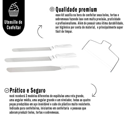 Kit Confeiteiro Profissional 3 Espátulas Nivelador De Bolos Aço Inox e Plástico Utensílios Cozinha