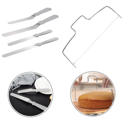 Kit Confeiteiro Profissional 4 Espátulas e Nivelador Lâmina Inox e Cabo de Plástico Utensilio para Decorar Bolos Tortas