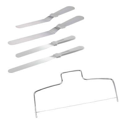 Kit Confeiteiro Profissional 4 Espátulas e Nivelador Lâmina Inox e Cabo de Plástico Utensilio para Decorar Bolos Tortas