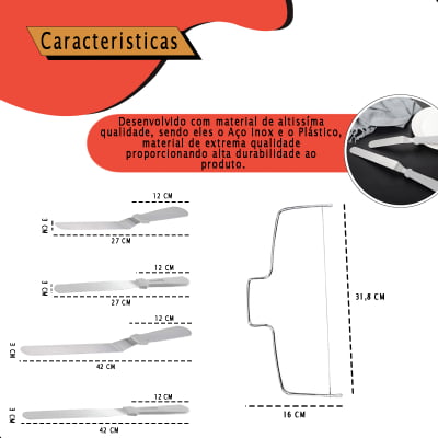Kit Confeiteiro Profissional 4 Espátulas e Nivelador Lâmina Inox e Cabo de Plástico Utensilio para Decorar Bolos Tortas