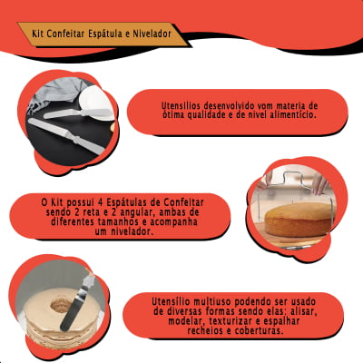 Kit Confeiteiro Profissional 4 Espátulas e Nivelador Lâmina Inox e Cabo de Plástico Utensilio para Decorar Bolos Tortas
