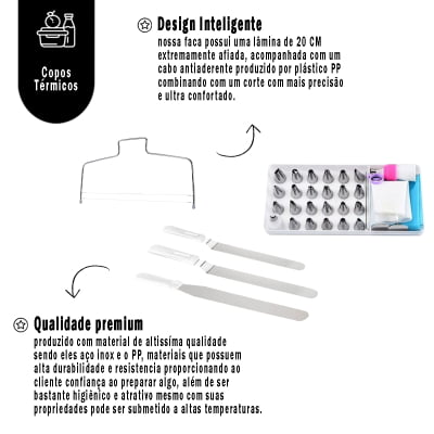 Kit de Confeitar Bicos Nivelador Sacos de Confeitar 3 Espátulas e Acessórios Produzidos em Aço Inox e Plástico PP