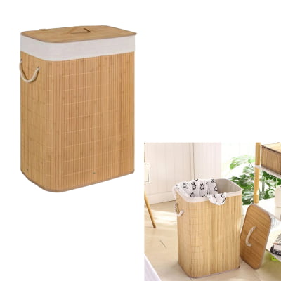 Cesto de Bambu Claro Ecológico Com Tampa Dobrável Organizador Banheiro Quarto