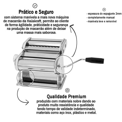 Máquina de Macarrão em Aço Inox Metal e Plástico Manual Massa Espaguete 2mm