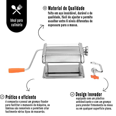Máquina de Macarrão em Aço Inox Metal e Plástico Manual Massa Espaguete 6 Níveis de Espessura Com Grampo