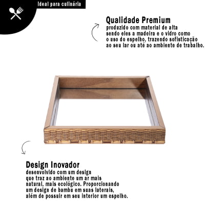 Bandeja Quadrada Decoradora de Ambientes Design de Bambu Espelho em Madeira e Vidro Dourado