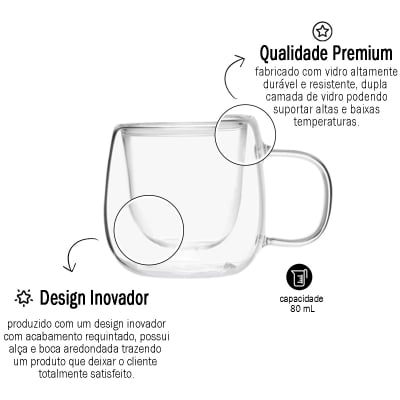 Kit de 6 Xicaras de Vidro Dupla Camada Para Café Chá Leite Achocolatado