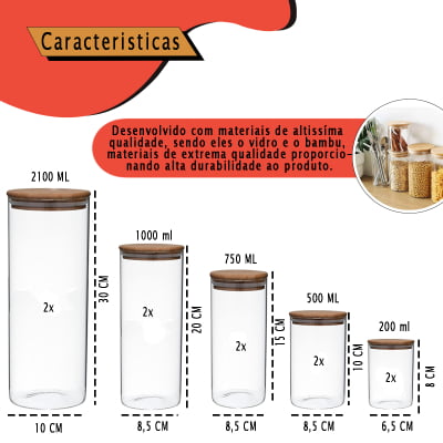 Kit 11 Potes de Vidro Com Tampas Herméticas de Bambu Alimentos Massas Condimentos Temperos Organizador