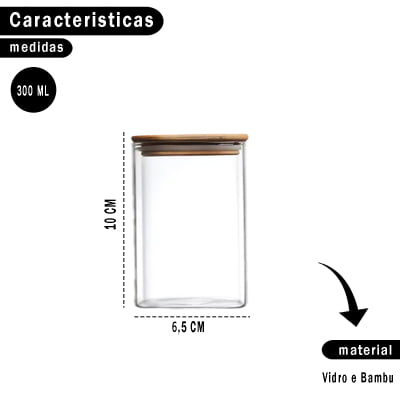 Kit 12 Potes Herméticos Organizadores de Vidro Com Tampa de Bambu Bolachas Biscoitos Alimentos Transparente 300ml