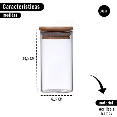 Kit 4 Potes Herméticos Organizadores de Vidro Com Tampa de Bambu Bolachas Biscoitos Alimentos Transparente 600ml