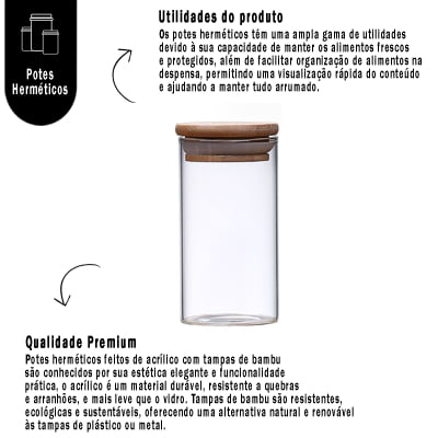 Kit 4 Potes Herméticos Organizadores de Vidro Com Tampa de Bambu Bolachas Biscoitos Alimentos Transparente 600ml