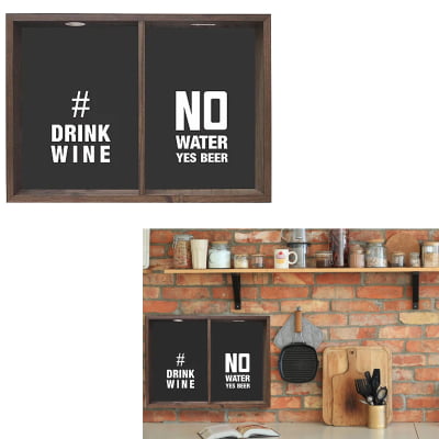 Quadro Porta Tampinhas Drink Wine No Water Yes Beer Para Cozinha Bar Área Gourmet Sala Em Madeira e Vidro