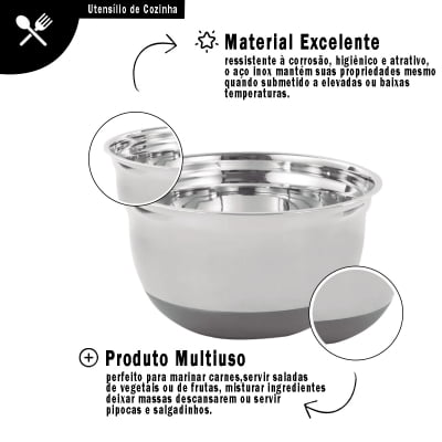 Bowl de Aço Inox e Silicone Saladeira Bacia Tigela Profissional Multiuso