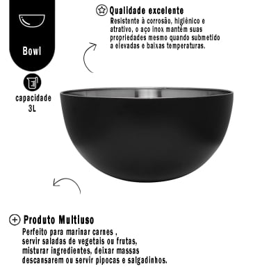 Bowl de Aço Inox Preto Saladeira Bacia Tigela Profissional Multiuso Utensilio de Cozinha Carnes Massas Bolos Armazenar