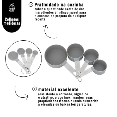 Kit Xícaras Medidoras Em Aço Inoxidável e Plástico Uso Culinário Especiarias Farinhas Confeitaria Utensílio Cozinha
