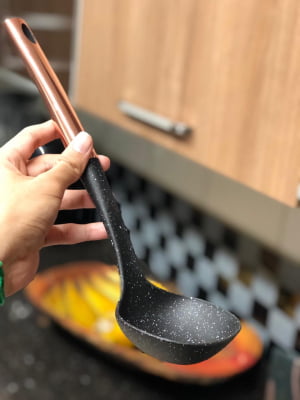 Concha de feijão em aço inox e pp preto rose 32 cm utensílio de cozinha ck3542