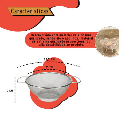 Escorredor Culinário de Aço Inox Macarrão Massas Verduras Legumes Frutas Arroz Multiuso Com Alças Escorrer 25cm 210105