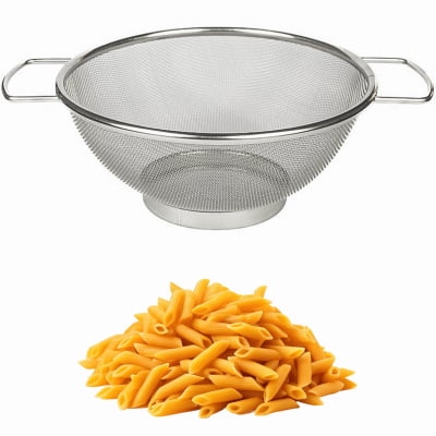 Escorredor Culinário de Aço Inox Macarrão Massas Verduras Legumes Frutas Arroz Multiuso Com Alças Escorrer 25cm 210105