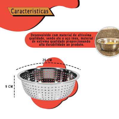 Escorredor de Alimentos Multiuso em Aço inox Legumes Verduras Macarrão Coar Escorrer de Alimentos 26 cm 876544P