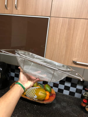 Escorredor de arroz inox macarrão com alça peneira de cozinha coar e escorrer 34x24x11cm MimoStyle mimo243