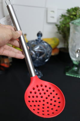Escumadeira de silicone espumadeira para frituras pastel vazada inox utensílios de cozinha vermelha ck4791