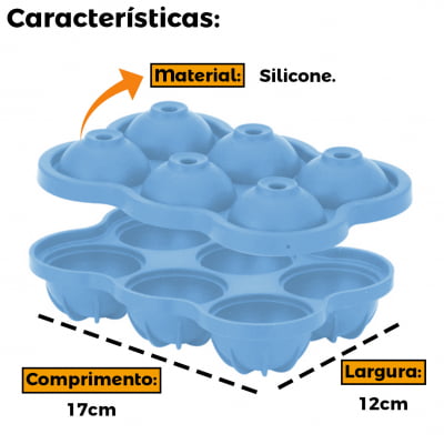 Forma De Silicone Gelo 6 Esferas Sem Bpa Forminha Azul Para Wiskys Drinks