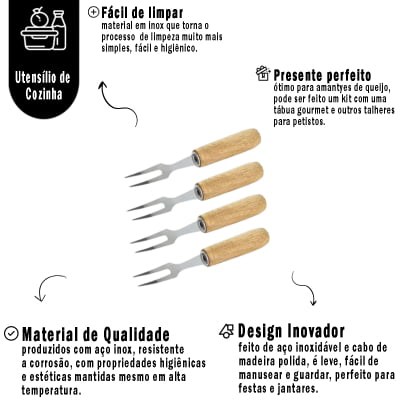 Jogo Com 4 Mini Garfos De Petisco Fondue Com Cabo De Madeira e Ponta de Aço Inoxidável