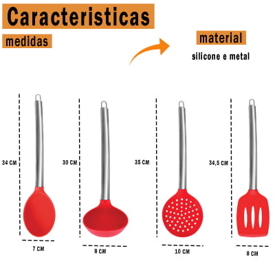 Kit de Utensílios de Cozinha De Silicone e Cabo de Aço Inoxidável Colher Escumadeira Espátula e Concha