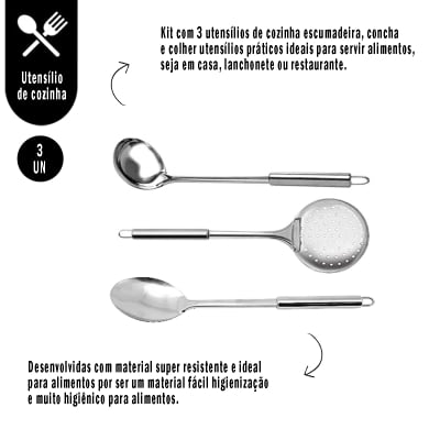 Kit Utensílios De Cozinha Em Aço Inox Colher Escumadeira Concha Para Servir Alimentos Restaurante Lanchonete