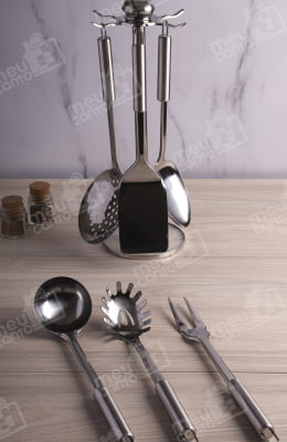 Kit Utensílios inox cozinha com suporte 7 peças colher concha espatula chapeiro pegador garfo mimo383
