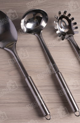 Kit Utensílios inox cozinha com suporte 7 peças colher concha espatula chapeiro pegador garfo mimo384