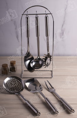 Kit Utensílios inox cozinha com suporte 7 peças colher concha espatula chapeiro pegador garfo mimo384