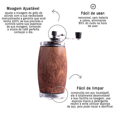 Moedor de Café Manual de Grãos Linha Round C/ Recipiente Aço Inox e Cerâmica