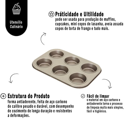 Forma Para 6 Cupcakes Em Aço Carbono E Revestimento Polimérico Antiaderente Utensílio de Confeitar