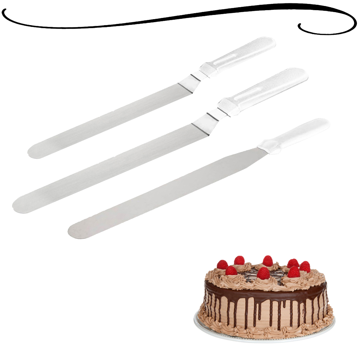 Kit 3 Espátulas de Confeiteiro Para Bolos Confeitar e Decorar em Aço Inox e Plástico Espátulas Curvas e Retas