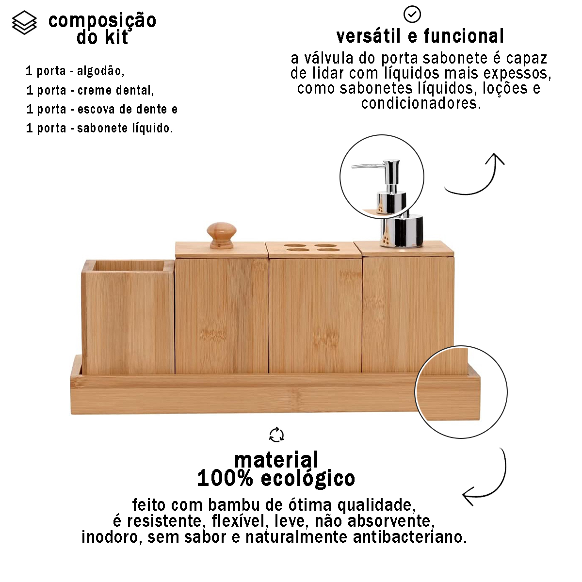 Kit De Banheiro 5 Pçs Ecokitchen Porta Escova de Dente Porta Creme Dental  Porta Algodão e Saboneteira - Meu Canto Shop